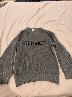 Hermes Gray Ribbed Crewneck Sweater with Black Logo
